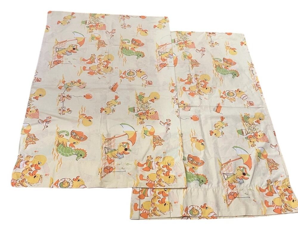 Vintage Standard Pillowcase Pair Ducks At Beach Kids Children 20" x 31.5”